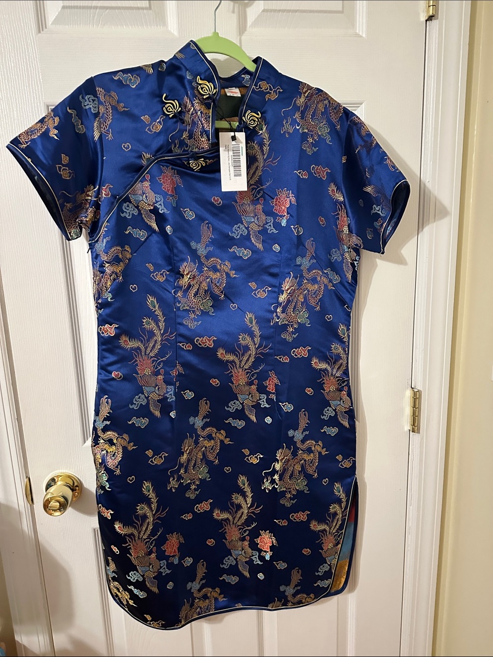 Women's Navy Blue Satin Dragon Print Cheongsam Dress